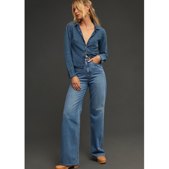 Anthropologie Pilcro Open Back Blouse Top Button Down Blue Cotton Small ANTHRO - Picture 2 of 7